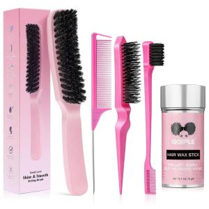 Boar Bristle Slick Back Hair Brush Wax Stick for Smooth Flyaways, Frizz, Sleek Ponytail, Buns and Edge Baby Hair | Hair Comb, Edge Brush, Teasing Brush Styling Accessories for Girls, Kids, Women & Men
