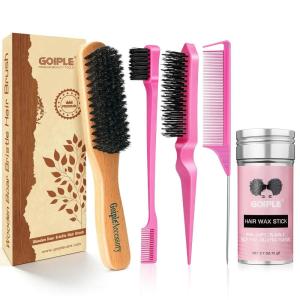 Boar Bristle Slick Back Hair Brush & Hair Wax Stick for Smooth Flyaways, Frizz, Sleek Ponytail, Buns and Edge Baby Hair | Hair Comb, Edge Brush, Teasing Brush, Rat Tail Comb Styling Accessories