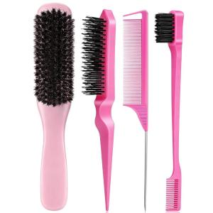 Boar Bristle Slick Back Hair Brush for Smooth Flyaways, Frizz, Sleek Ponytail, Buns and Edge Baby Hair, Teasing | Hair Comb, Edge Brush, Teasing Brush Styling Accessories for Kids, Women & Men (Pink)