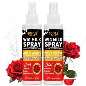 Goiple 2PCS Synthetic Wig Milk Spray, Heat Thermal Leave-In Conditioner Wig Detangler Spray for Human Wigs, Conditioner ＆ Detangler 3 in 1 Moisturizer, Synthetic Hair Wigs Easy Combing(Rose)