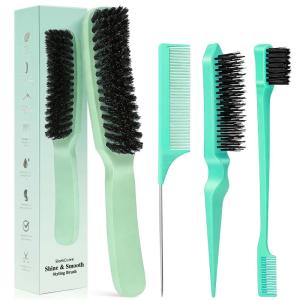 Slick Back Hair Brush for Smooth Flyaways, Frizz, Sleek Ponytail, Buns and Edge Baby Hair | Hair Comb, Edge Brush, Teasing Brush Styling Accessories for Girls, Kids, Women & Men (Green)